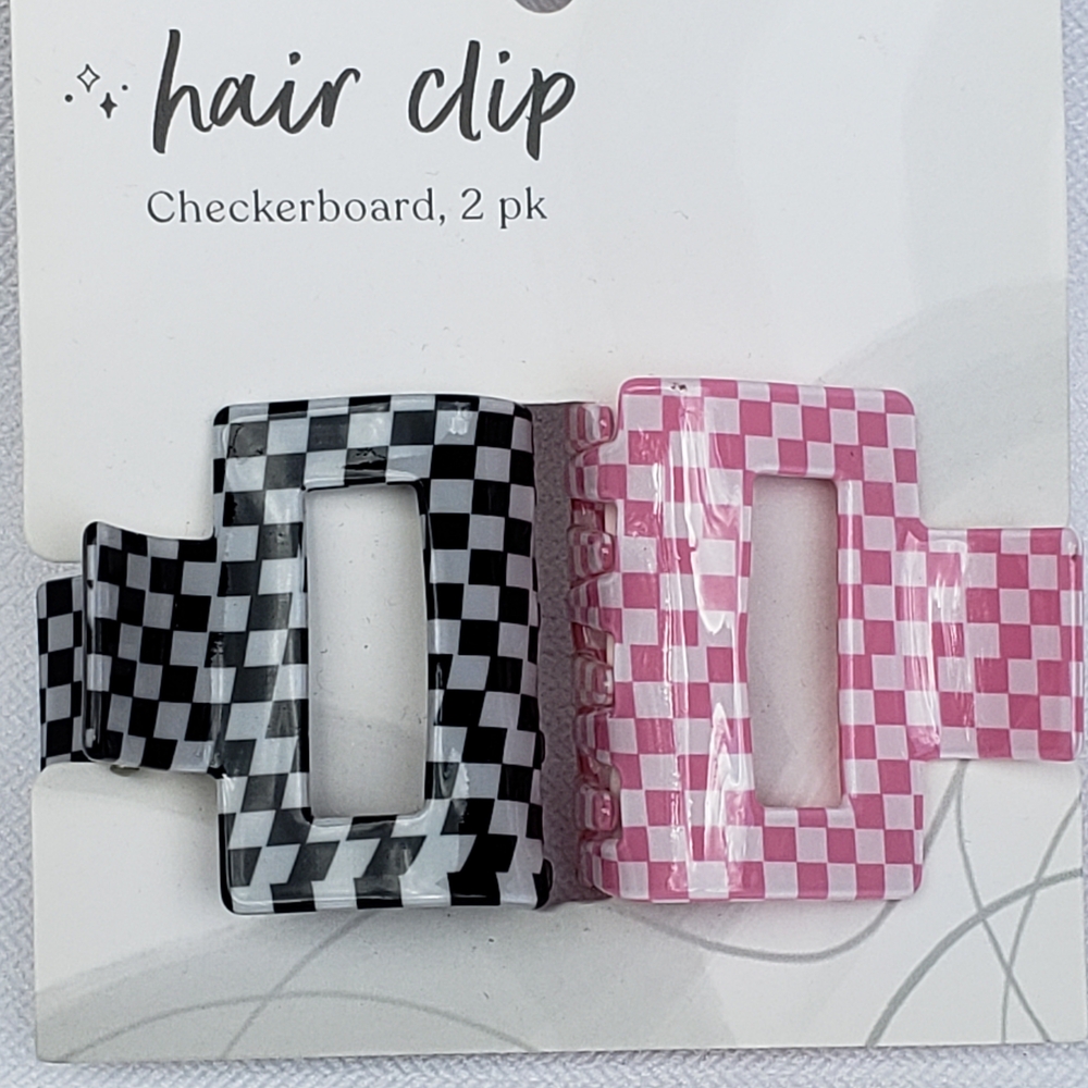 Checkerboard Hair Clip Duo - Black and Pink